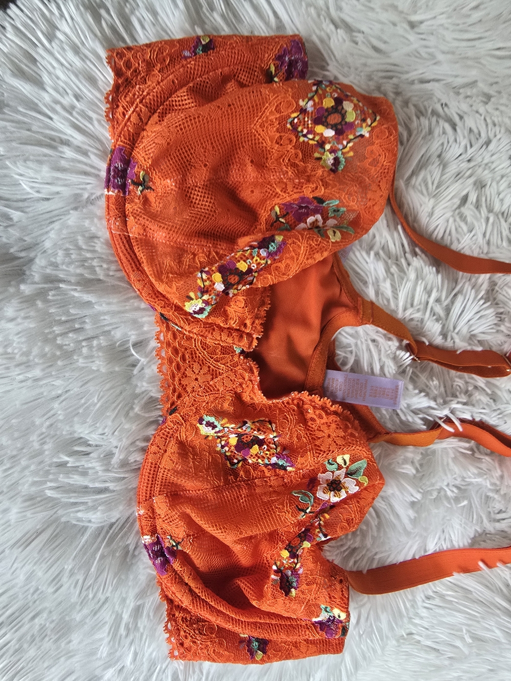 Savage X Fenty Orange Lace Embroidered Balconette Bra with Purple Accents